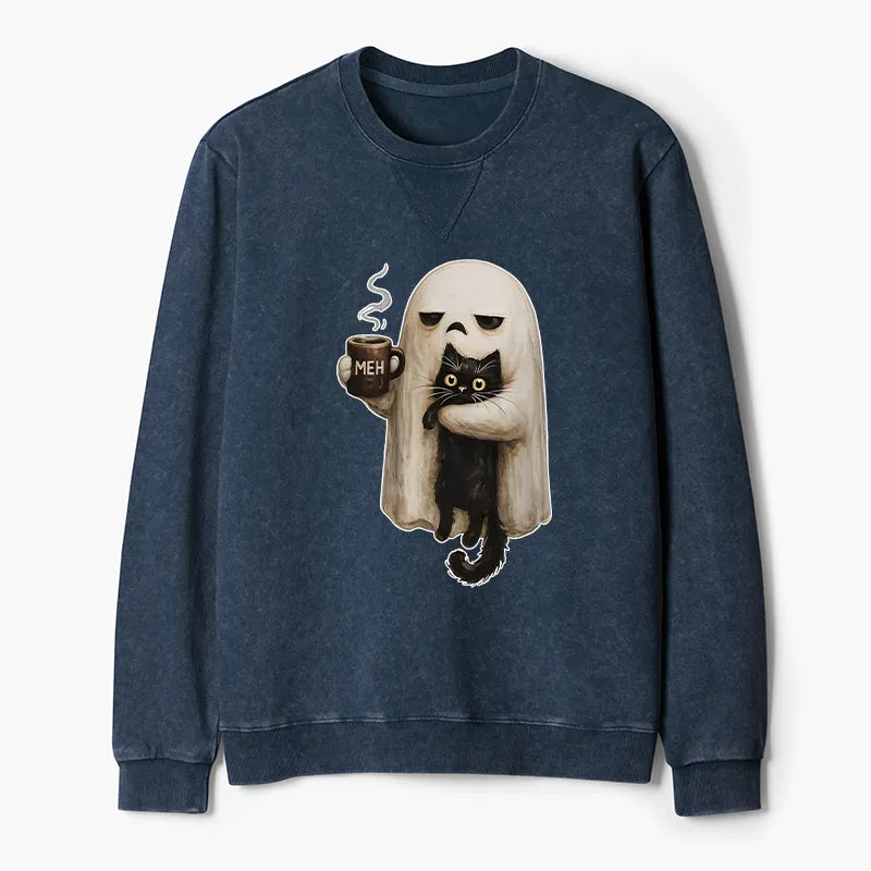 Kyoto-Lion Ghost Cat Coffee Mood Washed Terry Sweatshirt