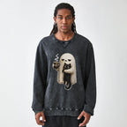 Kyoto-Lion Ghost Cat Coffee Mood Washed Terry Sweatshirt