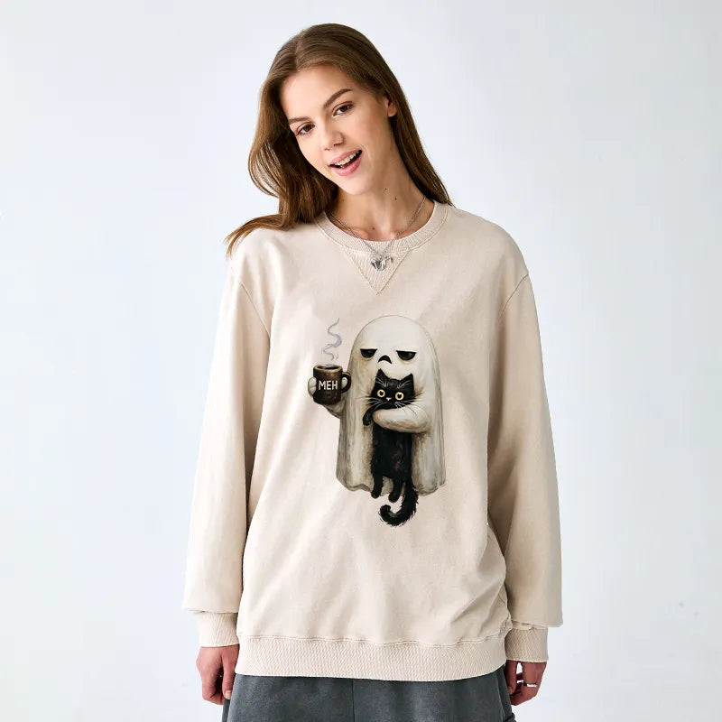 Kyoto-Lion Ghost Cat Coffee Mood Washed Terry Sweatshirt