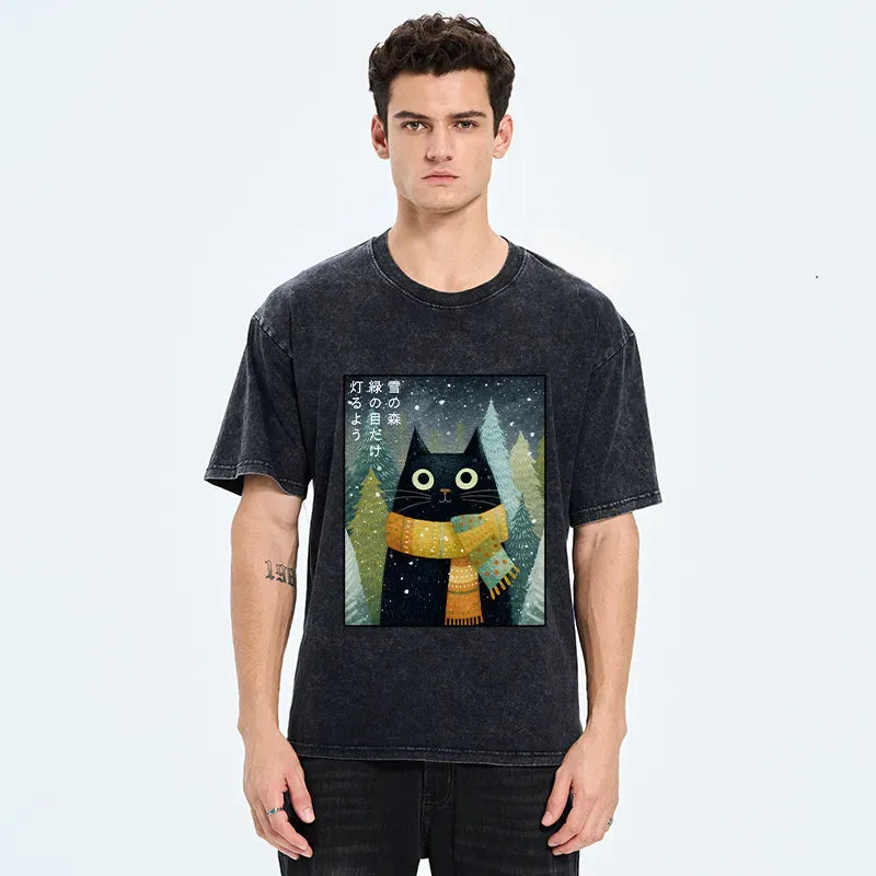 Kyoto-Lion Black Cat With Green Eyes Washed T-Shirt