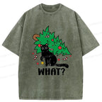 Trendy Japanese black cat washed t-shirt