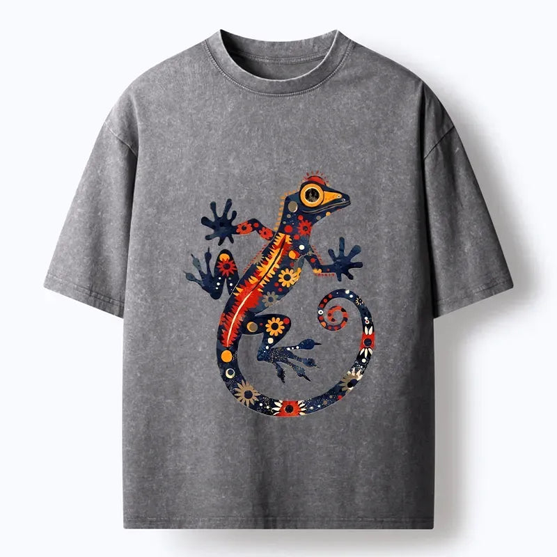 Kyoto-Lion Colorful Folk Art Gecko Full Of Flowers Washed T-Shirt
