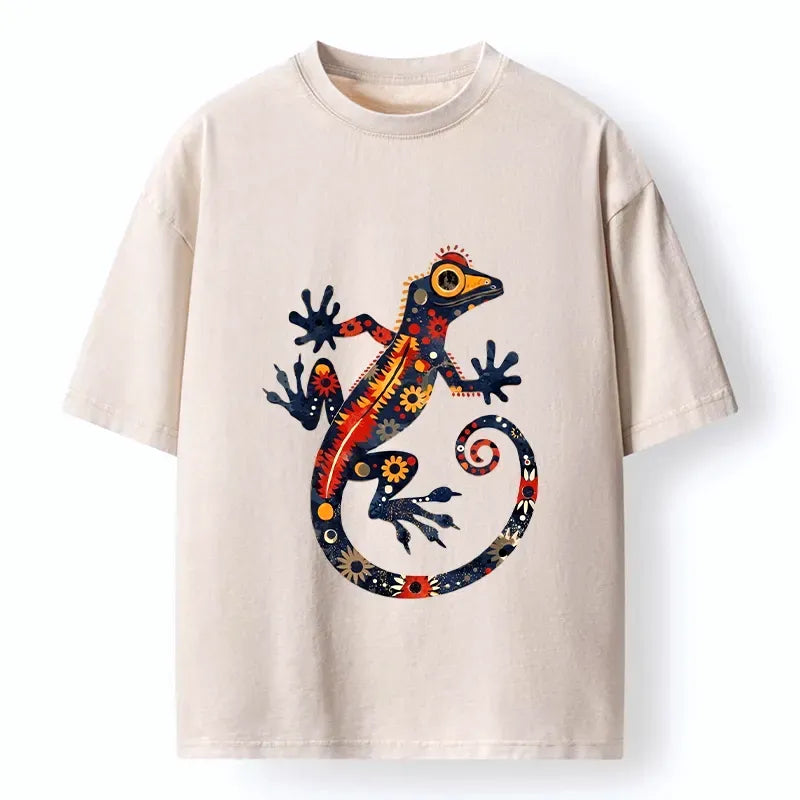 Kyoto-Lion Colorful Folk Art Gecko Full Of Flowers Washed T-Shirt