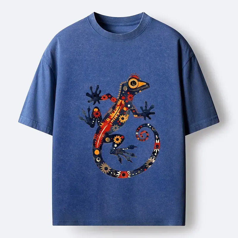 Kyoto-Lion Colorful Folk Art Gecko Full Of Flowers Washed T-Shirt