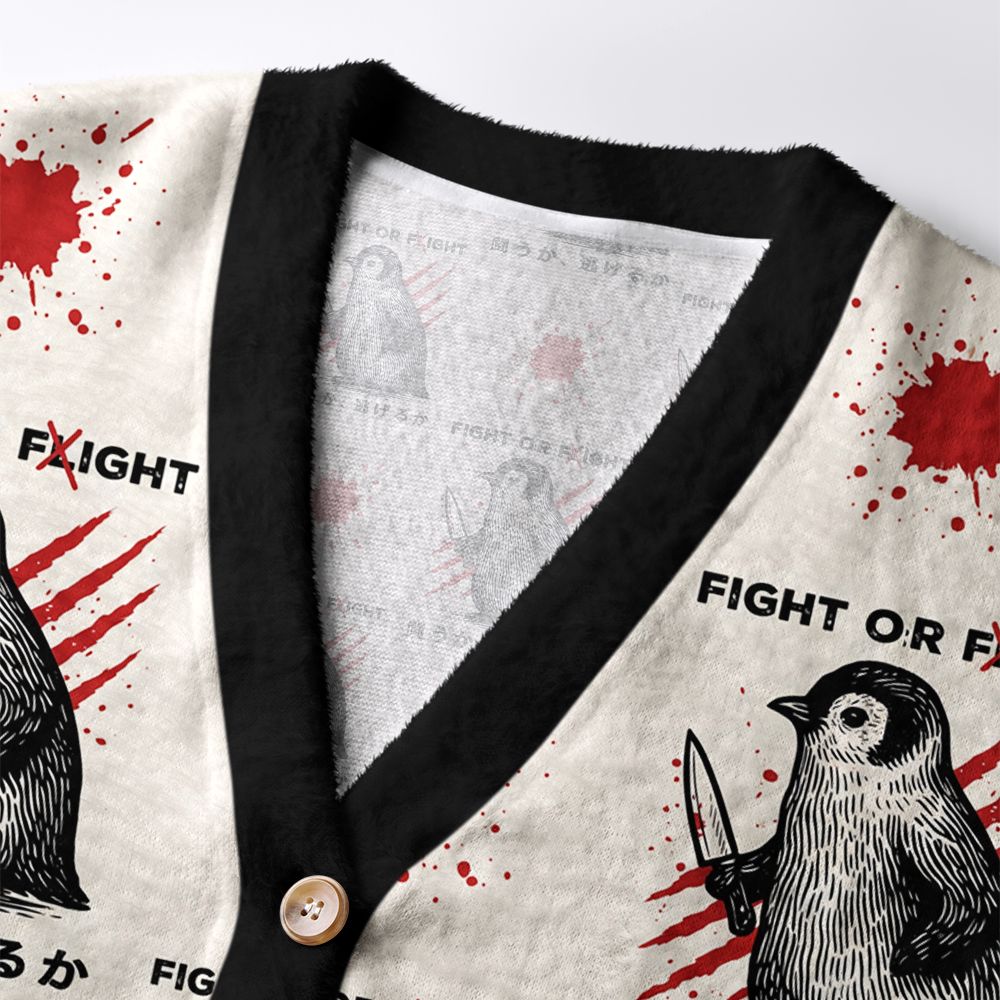 Kyoto-Lion Woodblock Penguin:Fight Or Flight Ugly Cardigan Sweater