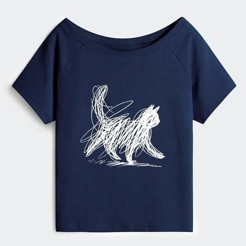 Kyoto-Lion Minimalist Cat Art Off Shoulder T-Shirt
