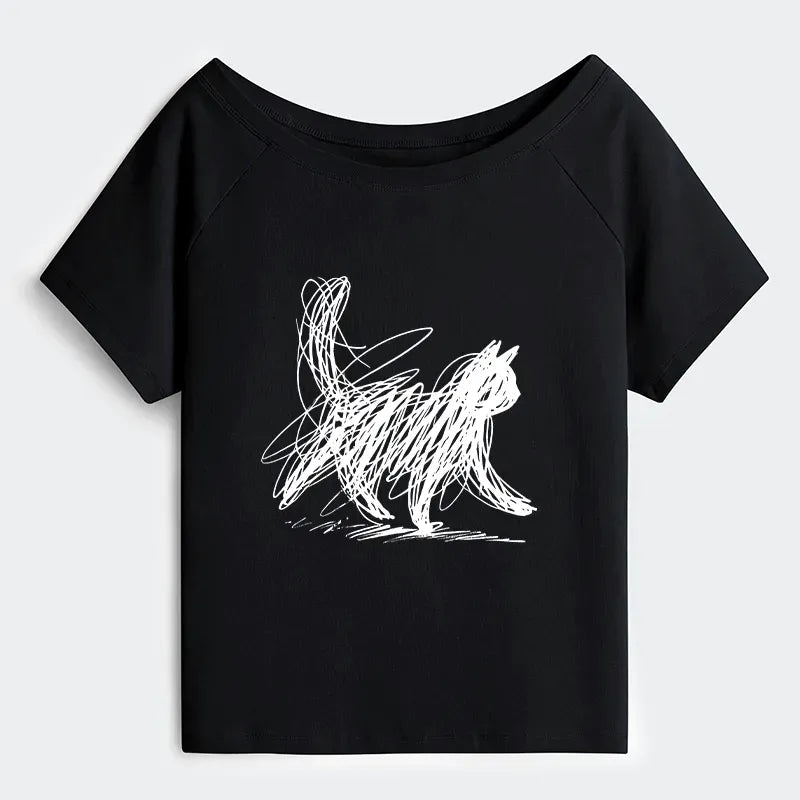 Japanese minimalist cat art off shoulder t-shirt