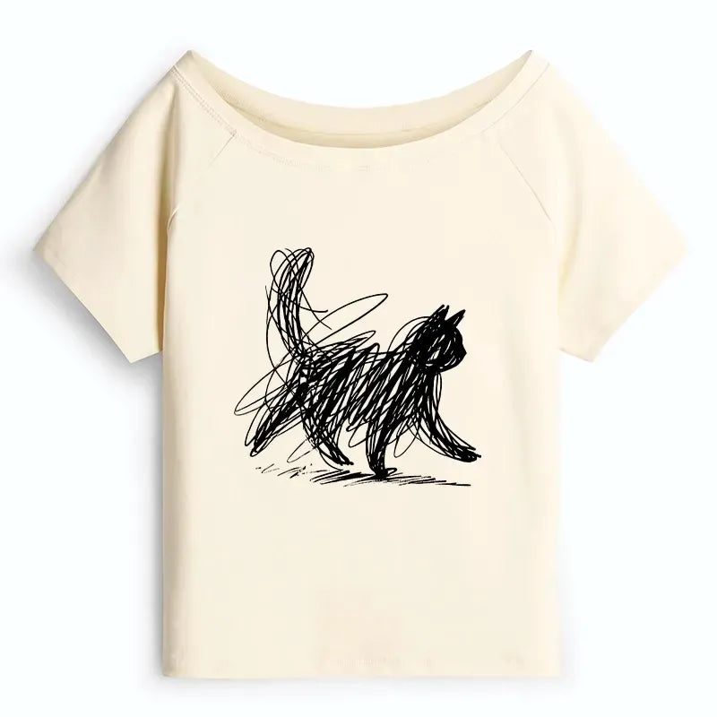 Kyoto-Lion Minimalist Cat Art Off Shoulder T-Shirt