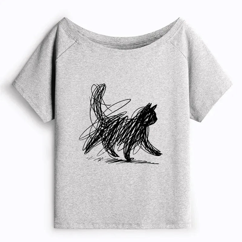 Japanese minimalist cat art off shoulder t-shirt
