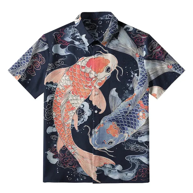 Kyoto-Lion Two Koi Carps Button-up Shirt