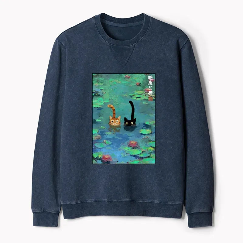 Kyoto-Lion Funny Cats Swimming In Lilies Washed Terry Sweatshirt