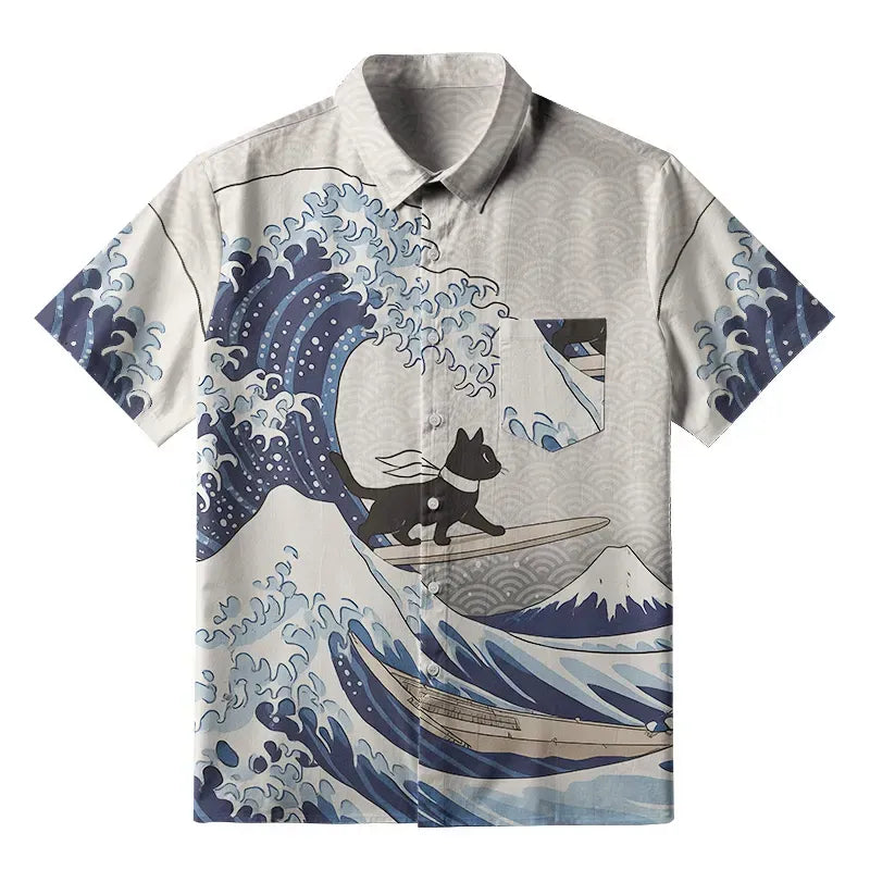 black cat surfing shirt summer style