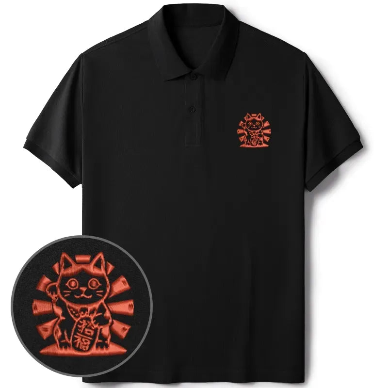 Kyoto-Lion Japanese Lucky Cat Embroidered Polo T-Shirt