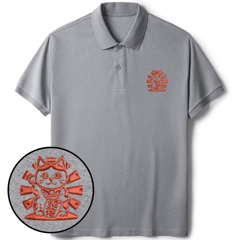 Japanese Lucky Cat Embroidered Polo Shirt