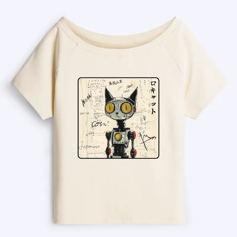 Kyoto-Lion Robot Cat Off Shoulder T-Shirt