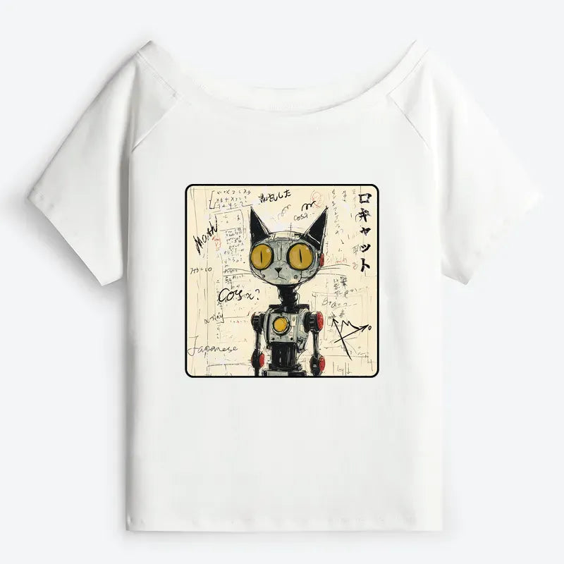 Japanese Robot Cat Off Shoulder Tee