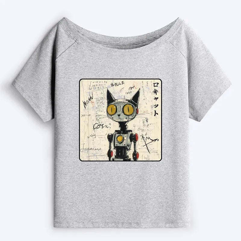 Japanese Robot Cat Off Shoulder Tee