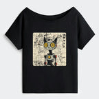 Kyoto-Lion Robot Cat Off Shoulder T-Shirt
