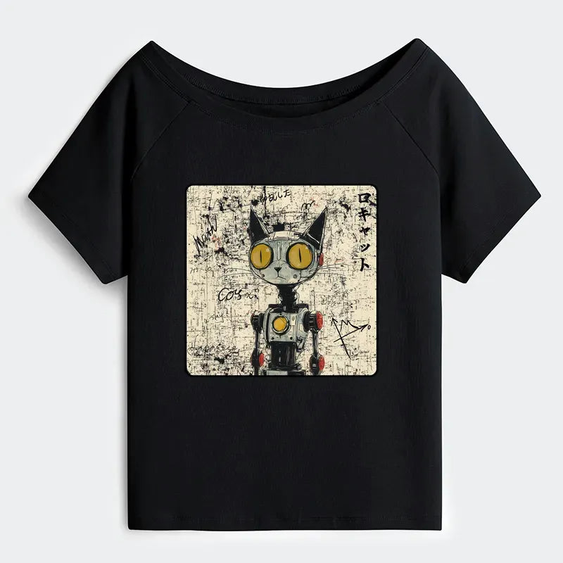 Kyoto-Lion Robot Cat Off Shoulder T-Shirt