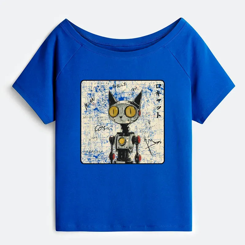 Japanese Robot Cat Off Shoulder Tee