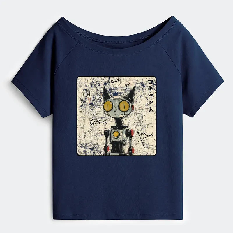 Kyoto-Lion Robot Cat Off Shoulder T-Shirt