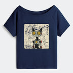Kyoto-Lion Robot Cat Off Shoulder T-Shirt