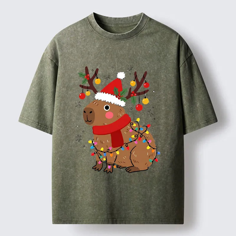 Kyoto-Lion Cute Christmas Capybara Washed T-Shirt