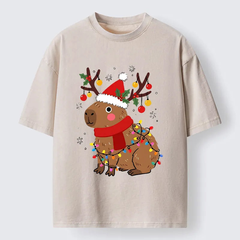 Kyoto-Lion Cute Christmas Capybara Washed T-Shirt