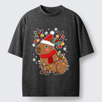 Kyoto-Lion Cute Christmas Capybara Washed T-Shirt