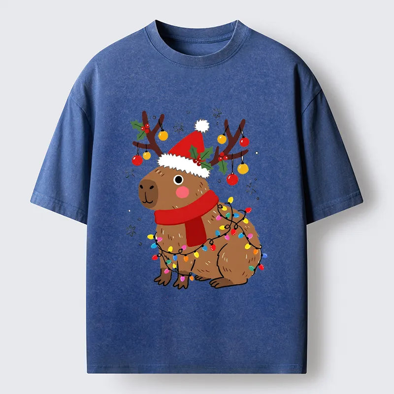 Kyoto-Lion Cute Christmas Capybara Washed T-Shirt