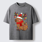 Kyoto-Lion Cute Christmas Capybara Washed T-Shirt
