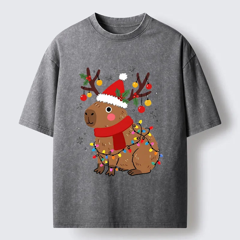 Kyoto-Lion Cute Christmas Capybara Washed T-Shirt