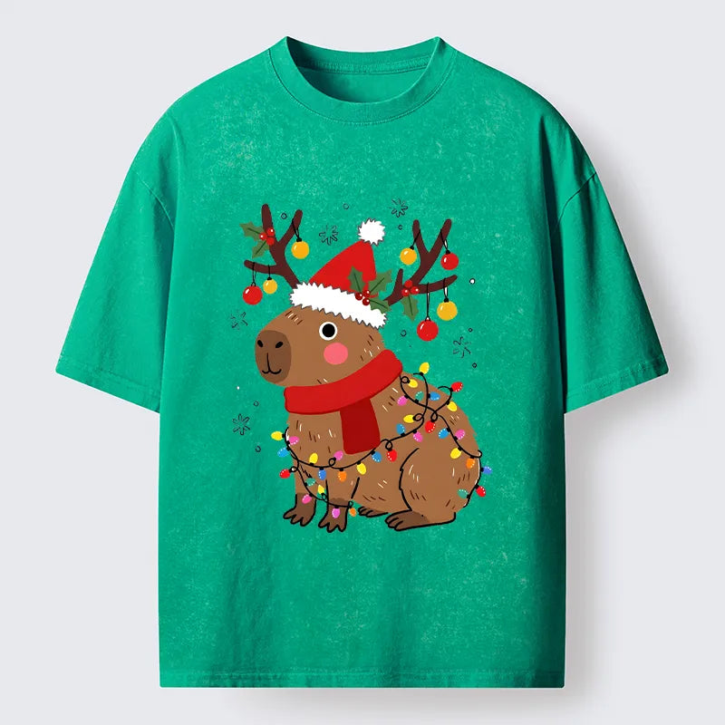Kyoto-Lion Cute Christmas Capybara Washed T-Shirt