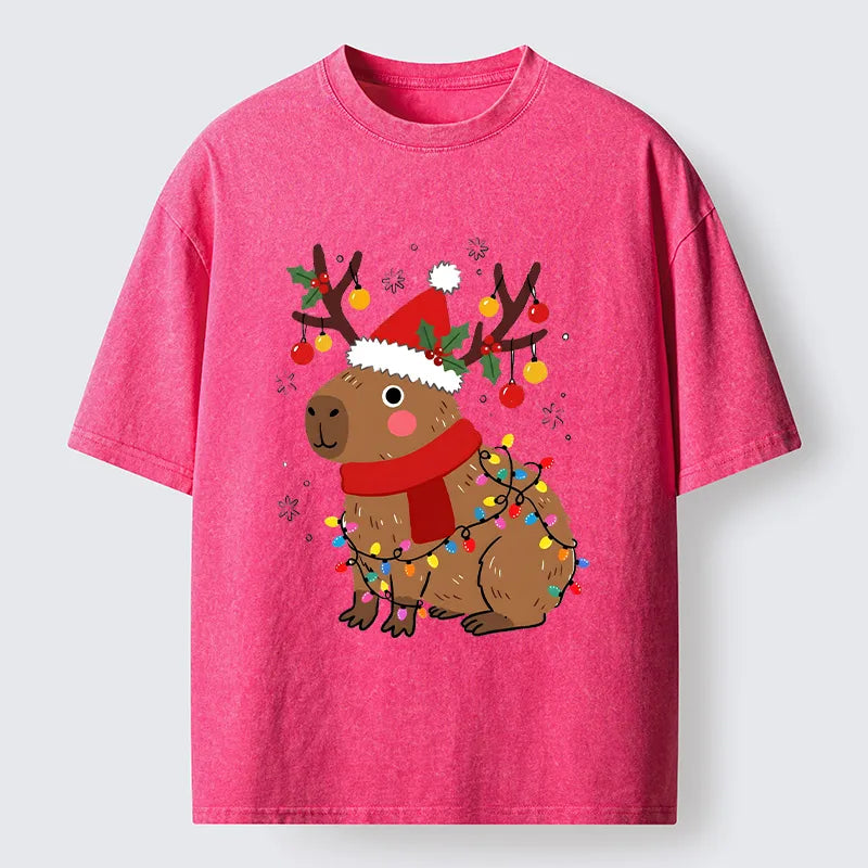 Kyoto-Lion Cute Christmas Capybara Washed T-Shirt