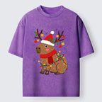 Kyoto-Lion Cute Christmas Capybara Washed T-Shirt