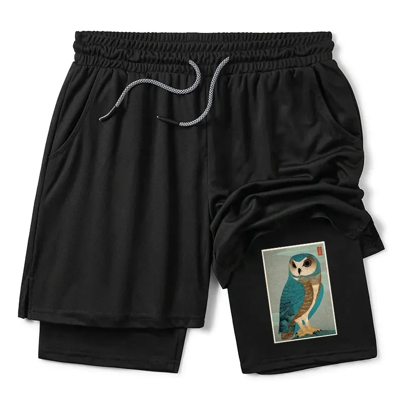 Kyoto-Lion Vintage Owl Woodblock Art Training Shorts