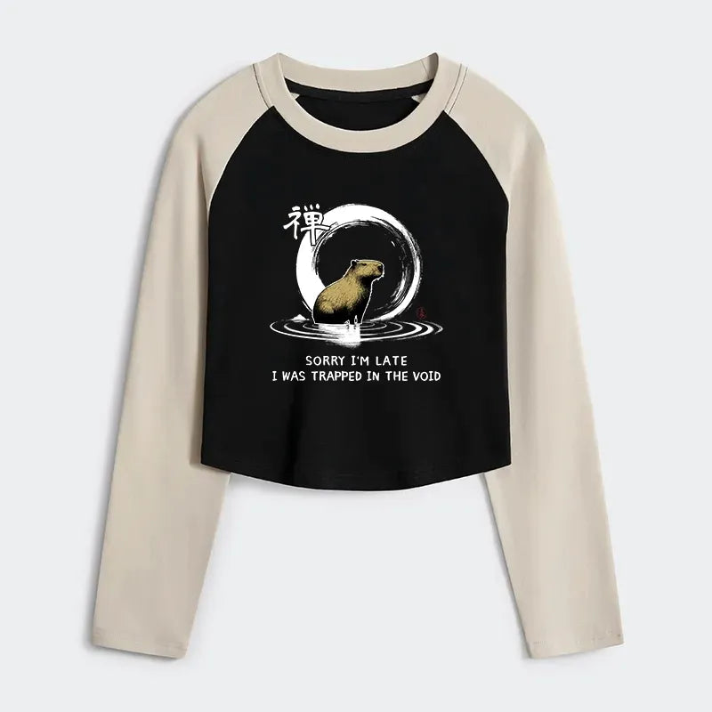 Japanese Zen Capybara Crop Raglan T-Shirt