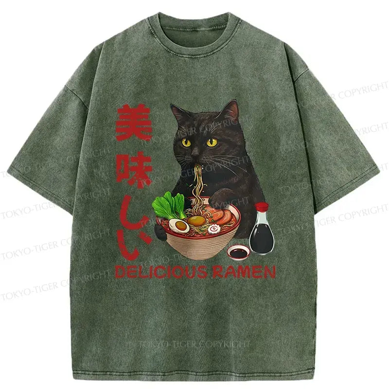 Kyoto-Lion Black Cat Eating Delicious Ramen Japan Washed T-Shirt