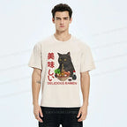 Kyoto-Lion Black Cat Eating Delicious Ramen Japan Washed T-Shirt