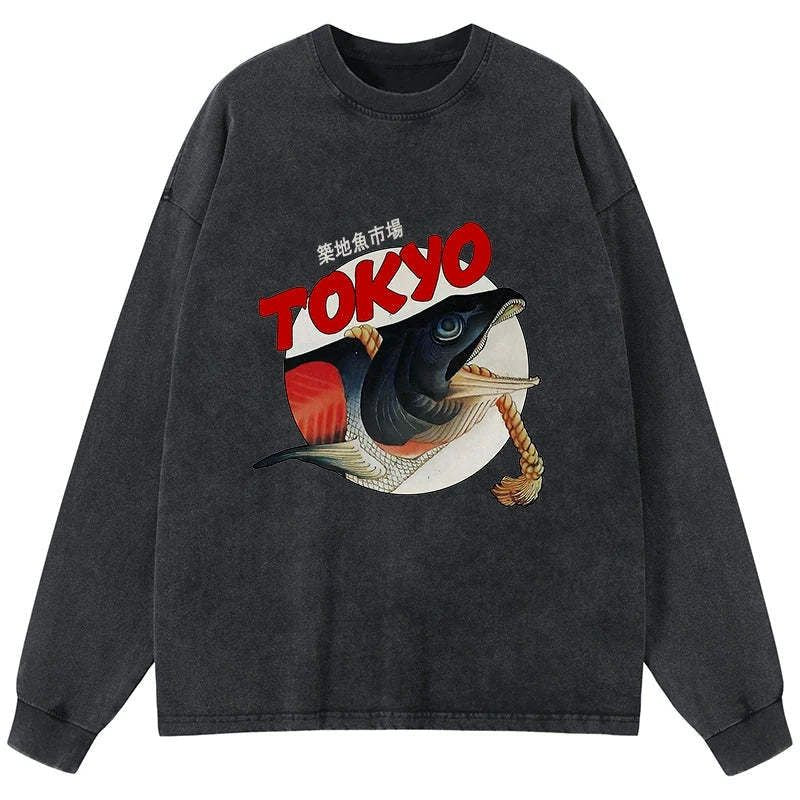 Kyoto-Lion Vintage Japanese Tsukiji Fish Market Washed Long Sleeve T-Shirt