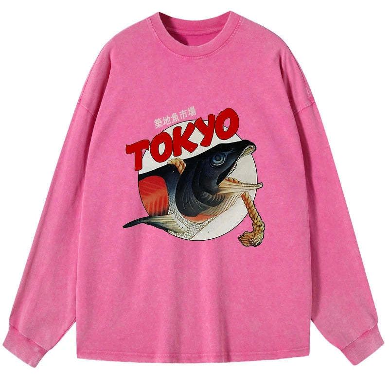 Kyoto-Lion Vintage Japanese Tsukiji Fish Market Washed Long Sleeve T-Shirt