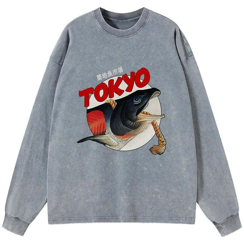 Kyoto-Lion Vintage Japanese Tsukiji Fish Market Washed Long Sleeve T-Shirt