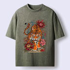 Kyoto-Lion Floral Tiger Art Washed T-Shirt