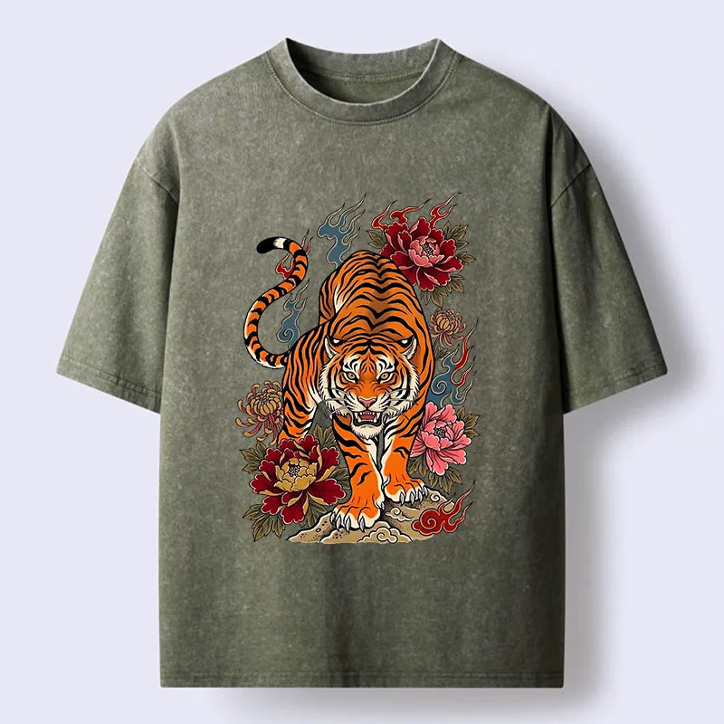 Kyoto-Lion Floral Tiger Art Washed T-Shirt