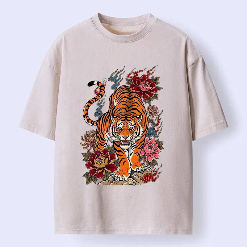 Kyoto-Lion Floral Tiger Art Washed T-Shirt