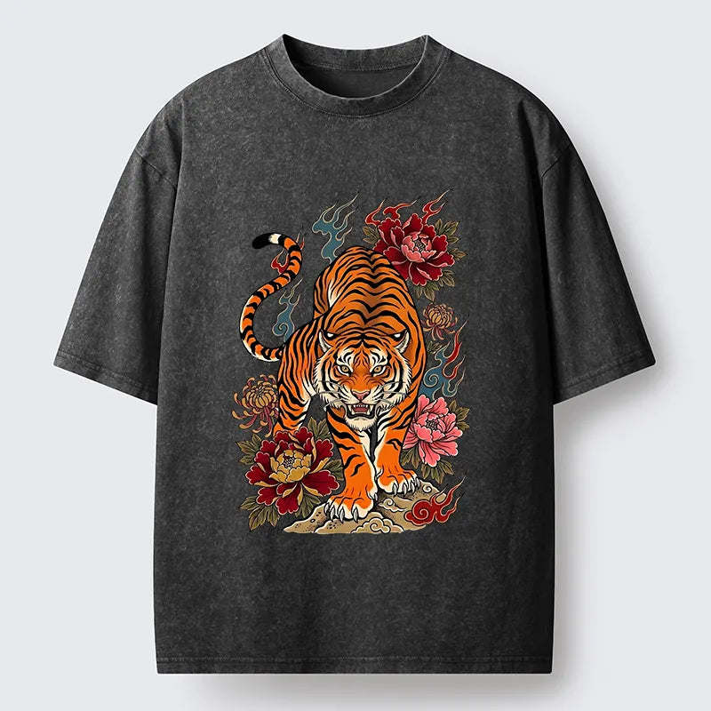 Kyoto-Lion Floral Tiger Art Washed T-Shirt