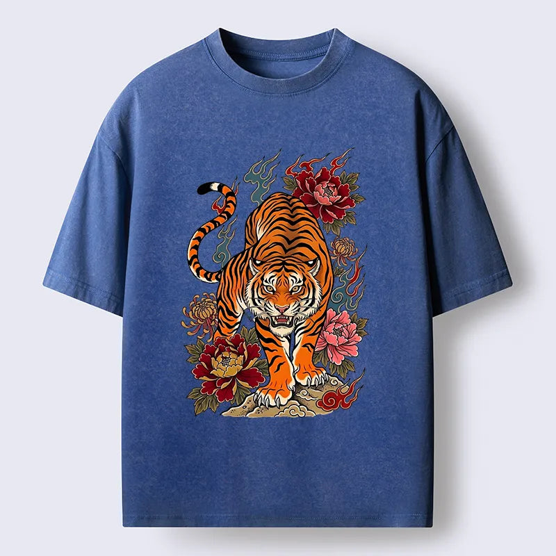 Kyoto-Lion Floral Tiger Art Washed T-Shirt