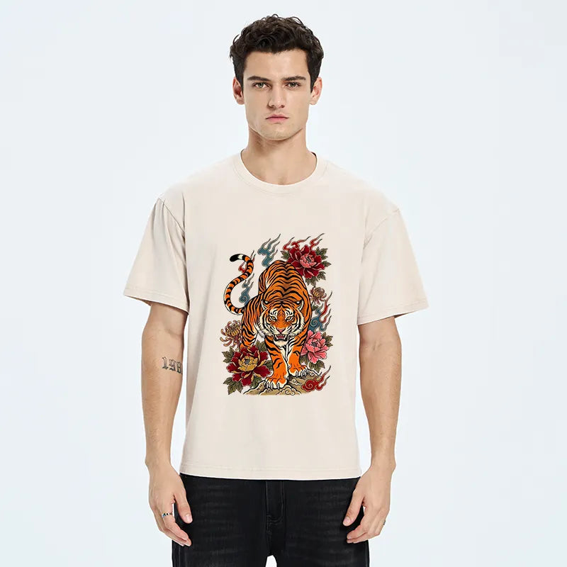 Kyoto-Lion Floral Tiger Art Washed T-Shirt
