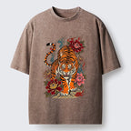Kyoto-Lion Floral Tiger Art Washed T-Shirt
