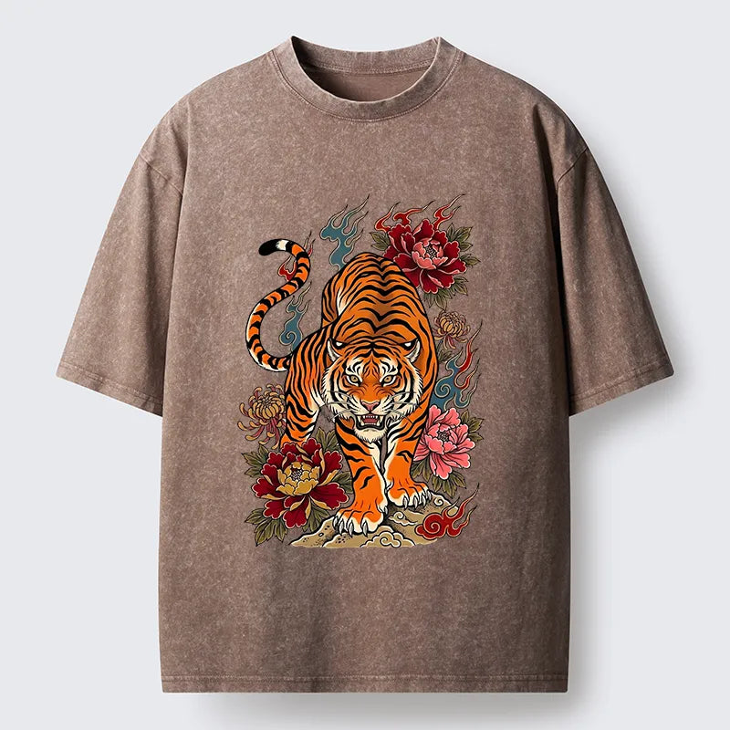 Kyoto-Lion Floral Tiger Art Washed T-Shirt